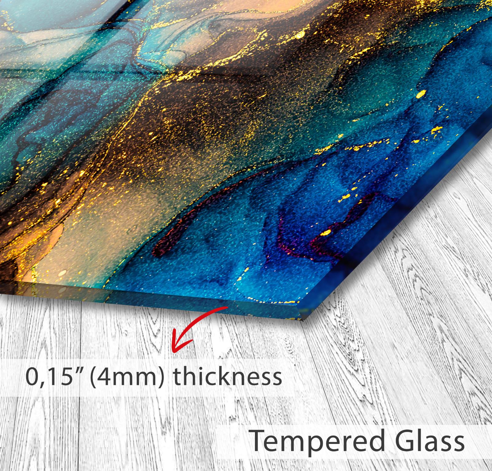 The image is a close-up of a glass surface with a textured, marbled pattern in shades of blue, gold, and black. The glass appears to be Tempered Glass, which is described as having a thickness of 4mm.