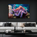 a large, vibrant painting of blue butterflies fluttering around a mushroom on a dark background, hanging on a wall above a white couch with black and beige throw pillows.