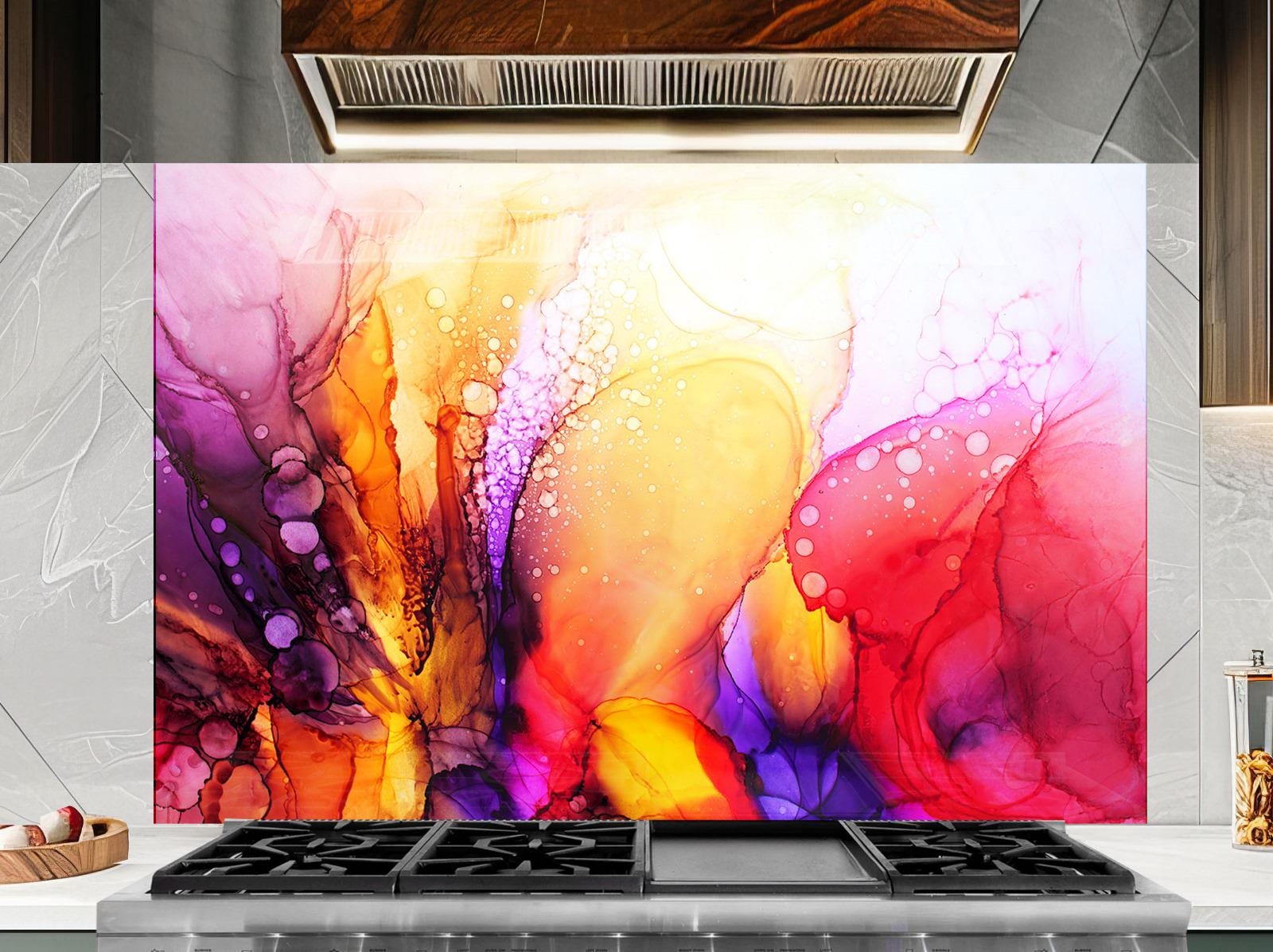 a vibrant abstract painting with swirling patterns of pink, orange, yellow, and purple colors, creating a dynamic and visually striking display.