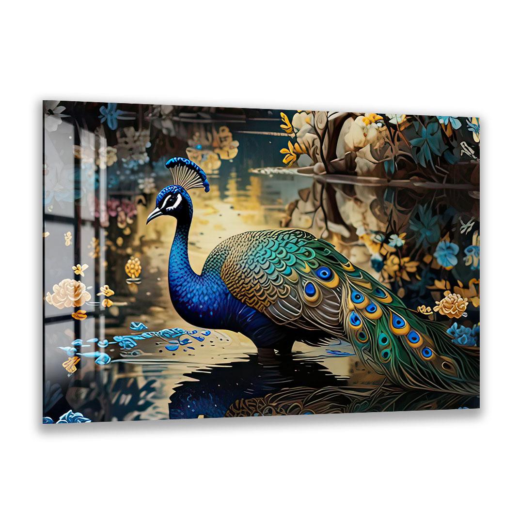 A peacock with its vibrant blue and green feathers is depicted in a serene pond setting, surrounded by colorful flowers and foliage.