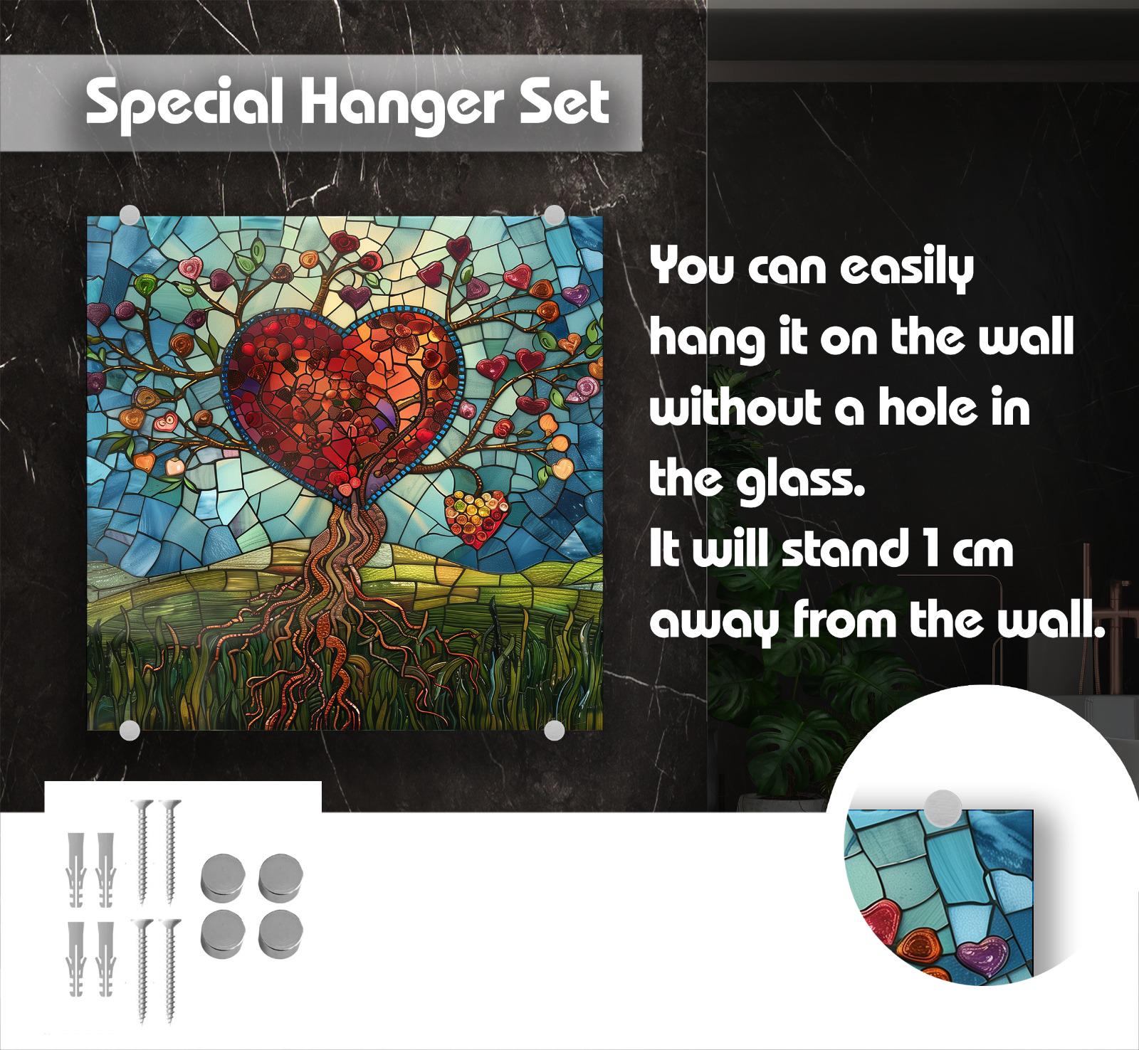 The image is a special hanger set that includes a heart-shaped mosaic artwork and a glass panel. The heart-shaped mosaic is a colorful, abstract design with a tree-like structure and various shapes and colors. The glass panel is a rectangular, transparent piece that can be hung on the wall without a hole in it. The hanger set is designed to be easily installed and securely attached to the wall, allowing the heart-shaped mosaic and glass panel to be displayed prominently.