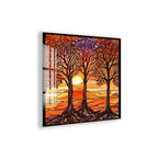 A stained glass-style artwork depicting three trees with intricate, colorful patterns against a sunset-like background.