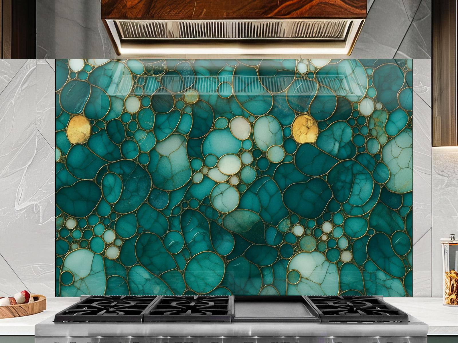 a kitchen with a marble backsplash and a stove top