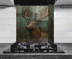 a painting of a deer on a wall above a stove