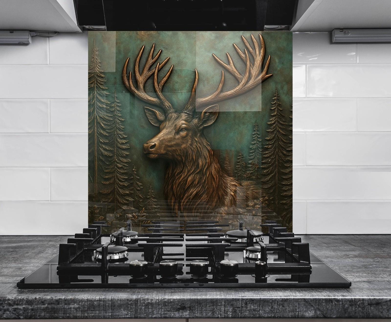 a painting of a deer on a wall above a stove