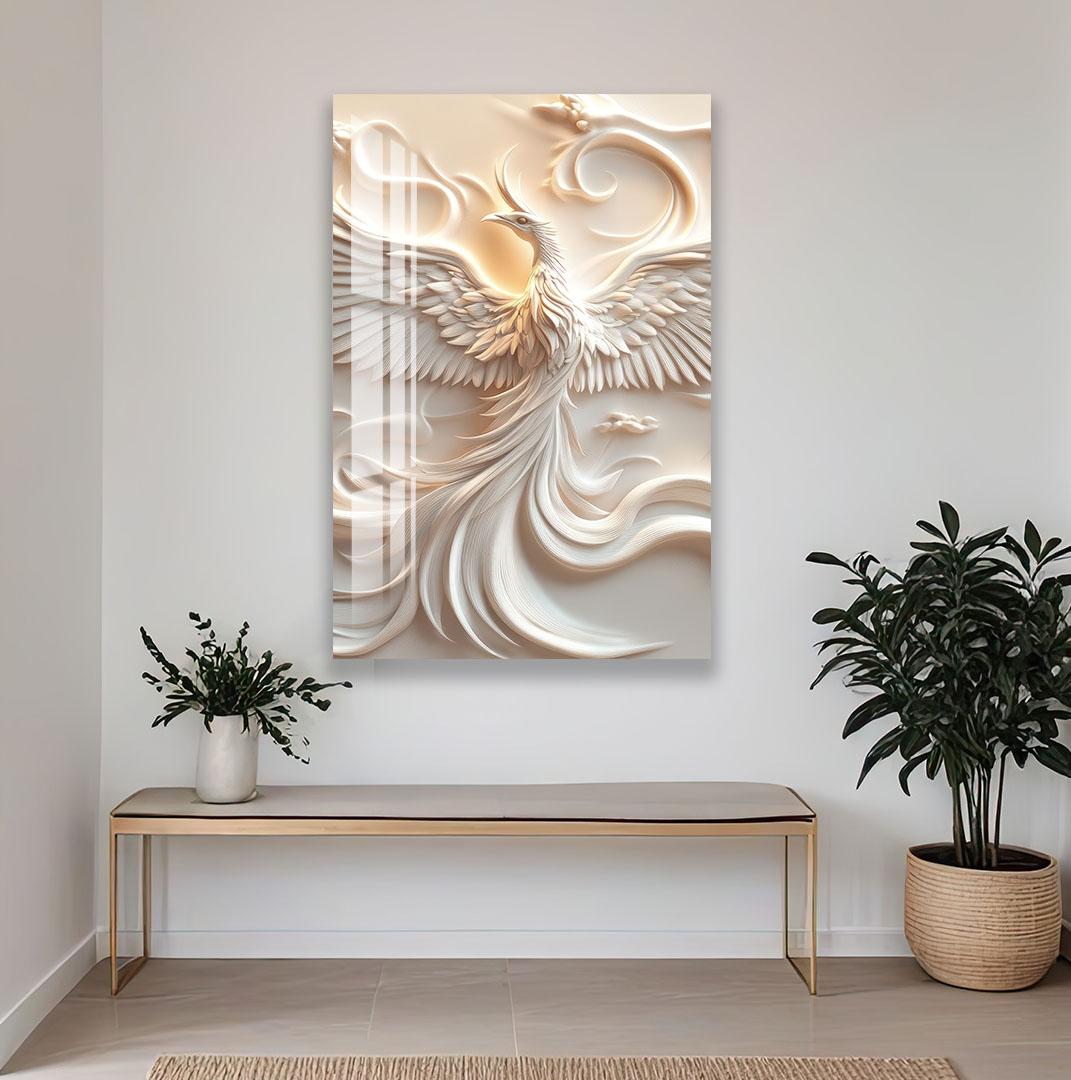 a large, ornate, and intricately carved wooden sculpture of a bird, which appears to be a phoenix, mounted on a wall above a wooden bench.