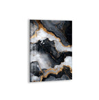 a striking abstract design with a combination of black, white, and gold colors. The design appears to be a marble-like pattern with swirling lines and shapes, creating a sense of depth and movement. The overall composition is visually captivating and draws the viewer's attention to the intricate details and patterns within the artwork.
