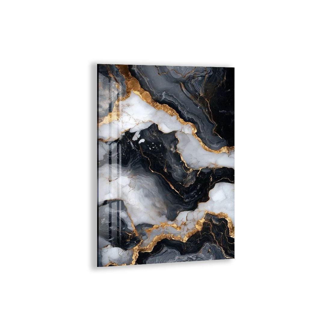 a striking abstract design with a combination of black, white, and gold colors. The design appears to be a marble-like pattern with swirling lines and shapes, creating a sense of depth and movement. The overall composition is visually captivating and draws the viewer's attention to the intricate details and patterns within the artwork.