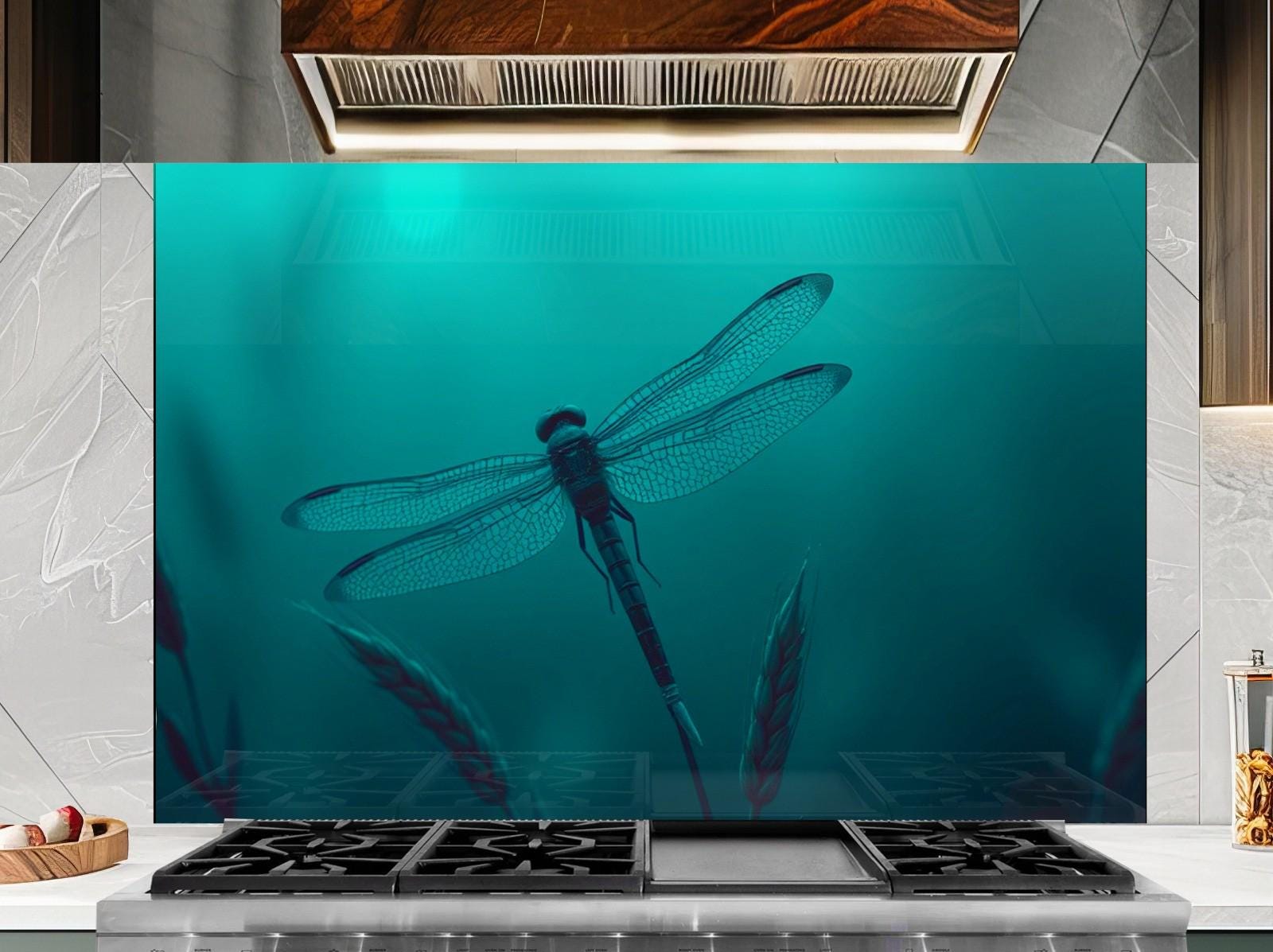 a picture of a dragonfly sitting on top of a stove