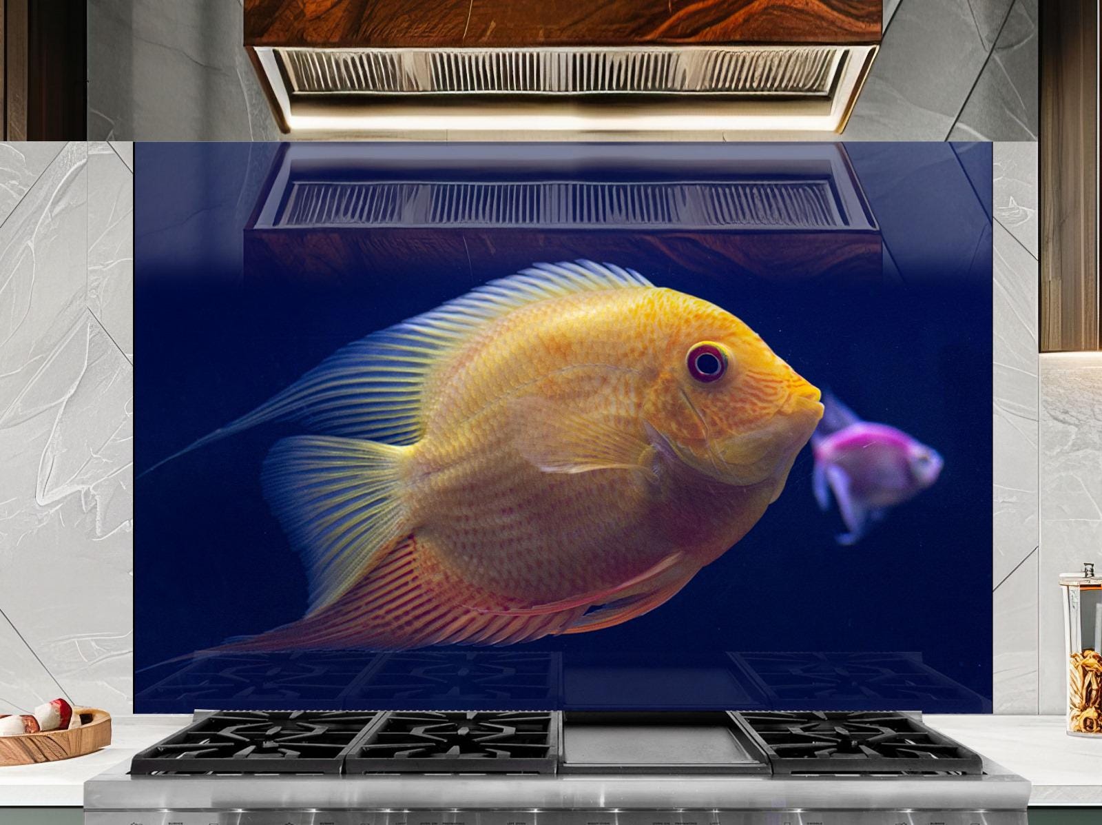 Vibrant aquatic theme wall panel for sink backsplash.