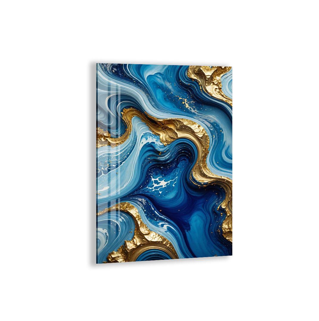 The image is a vibrant abstract artwork featuring swirling patterns of blue and gold hues, creating a dynamic and visually striking composition.