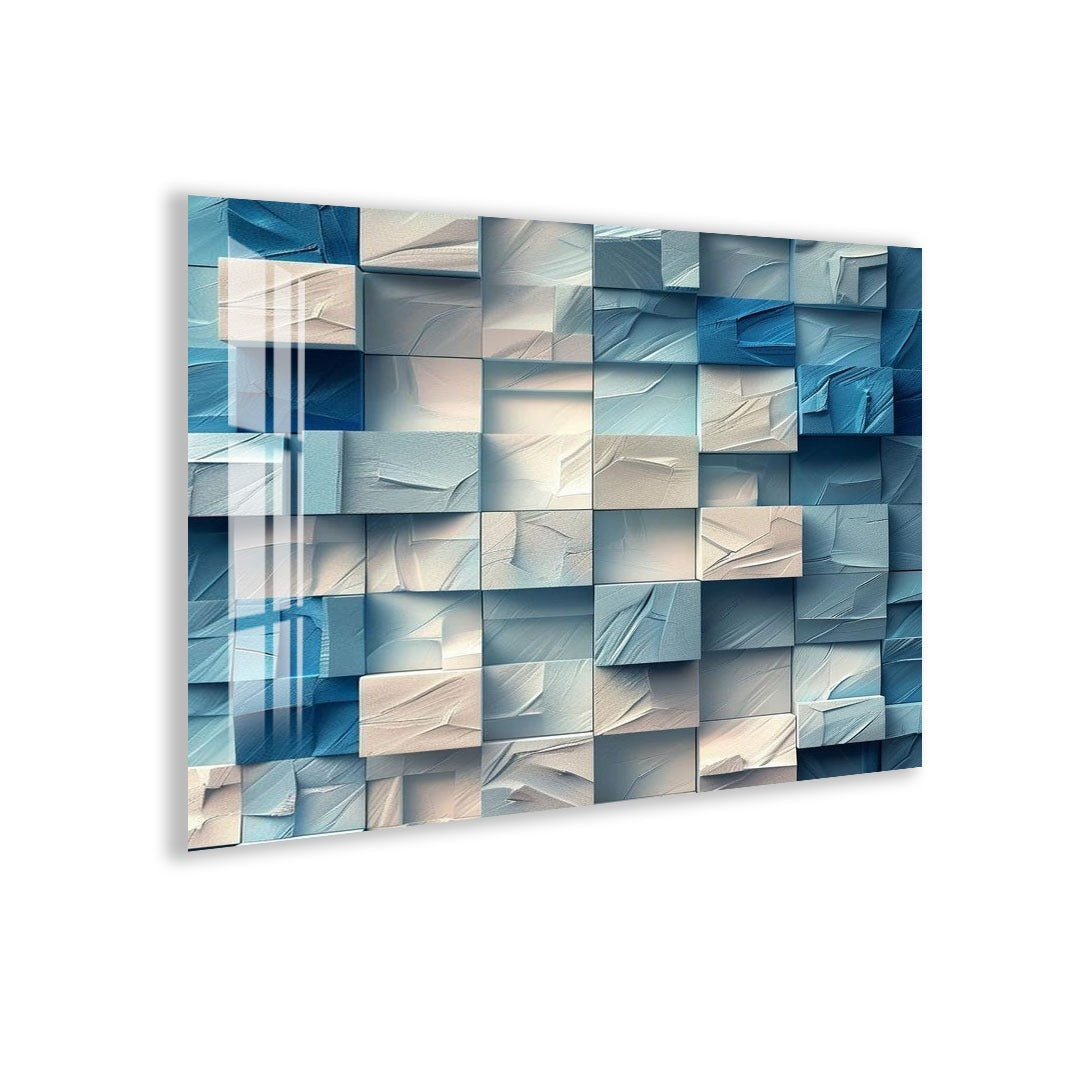The image is a square-shaped abstract artwork composed of various shades of blue and white geometric shapes, creating a visually striking and intricate design.