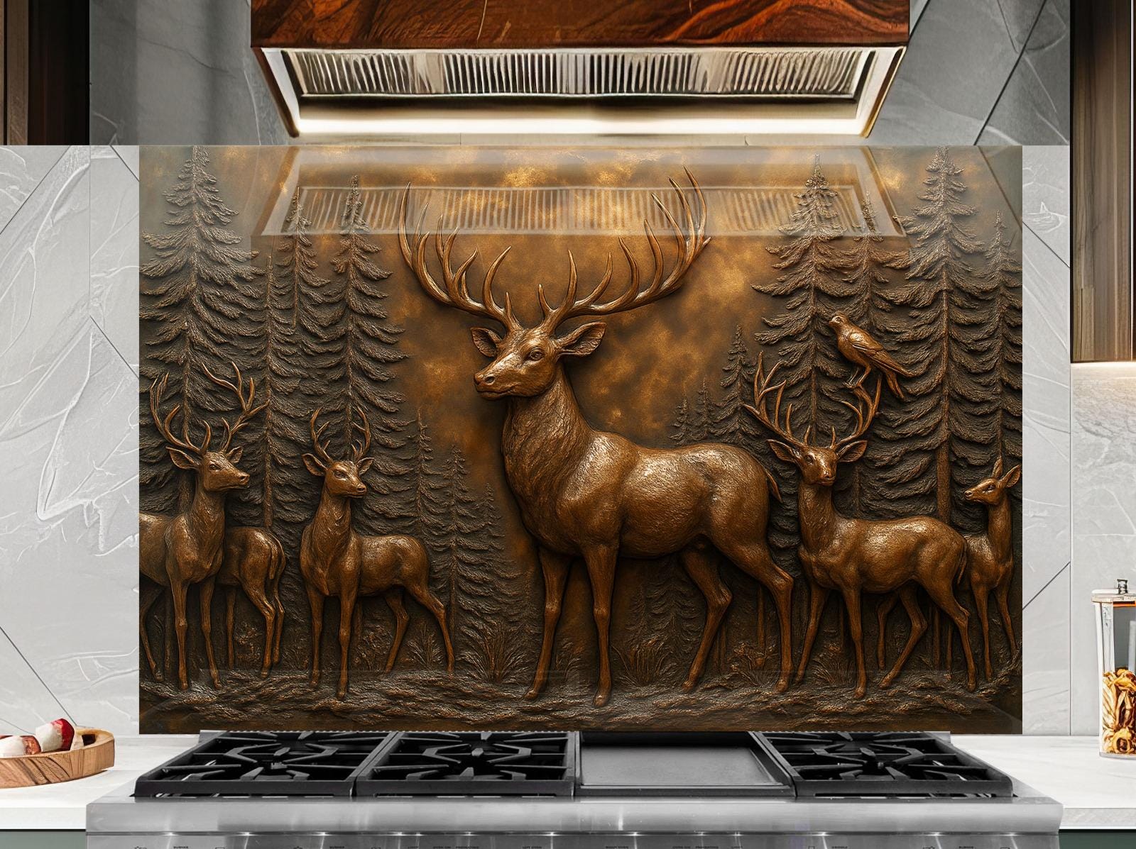 a kitchen stove top with a painting of deer on it