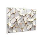 a geometric pattern with a repeating design of white and gold shapes, creating a visually striking and intricate design.