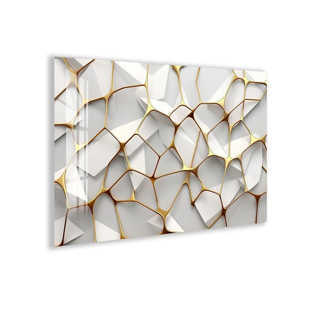 a geometric pattern with a repeating design of white and gold shapes, creating a visually striking and intricate design.
