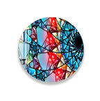 The image is a vibrant and colorful abstract design composed of various geometric shapes and patterns, including triangles, rectangles, and circles, arranged in a visually striking manner.