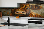 a painting of a cow on a kitchen backsplash