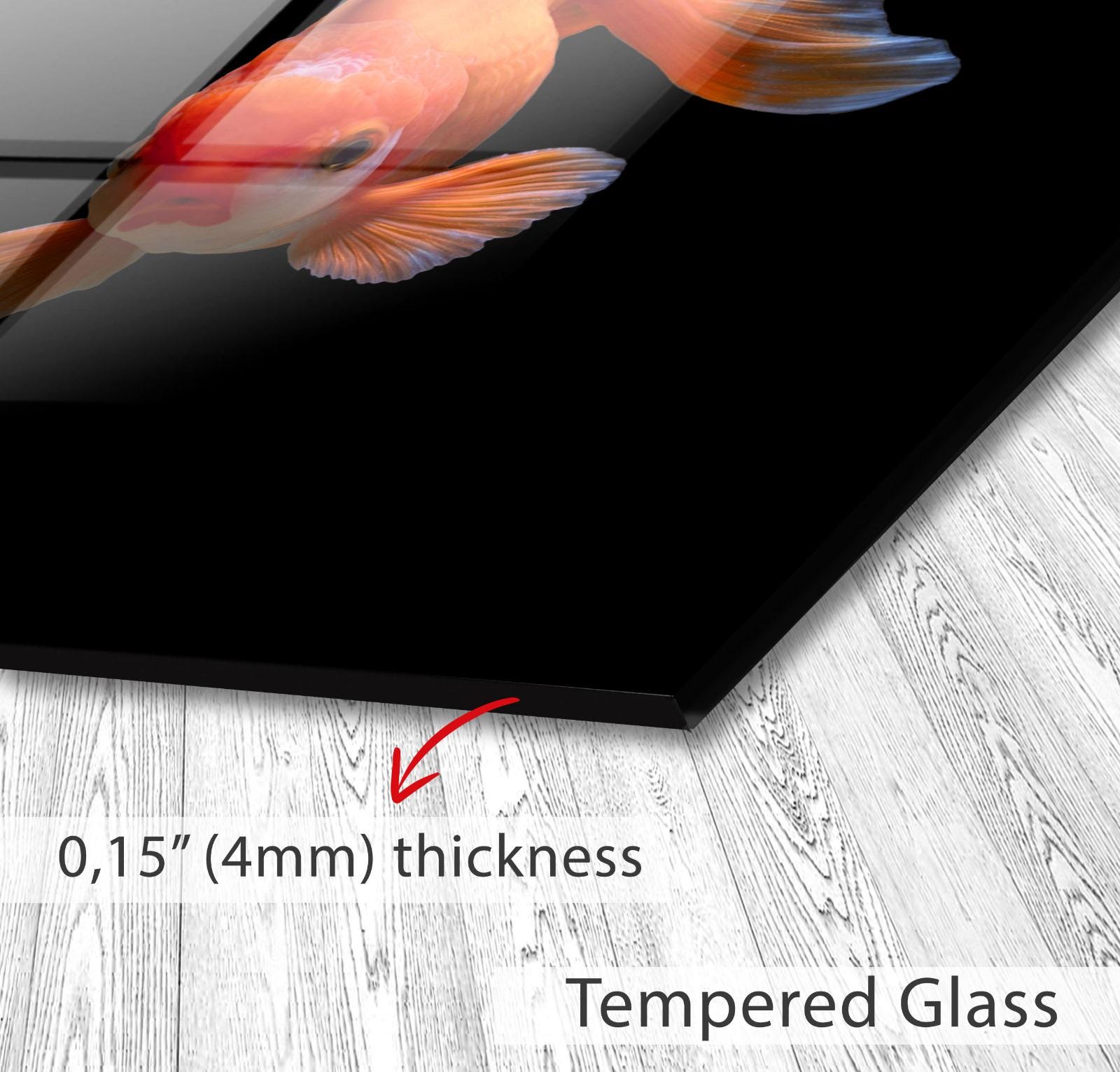 The image is a close-up of a fish with a text overlay indicating the thickness of the glass, which is 4mm.