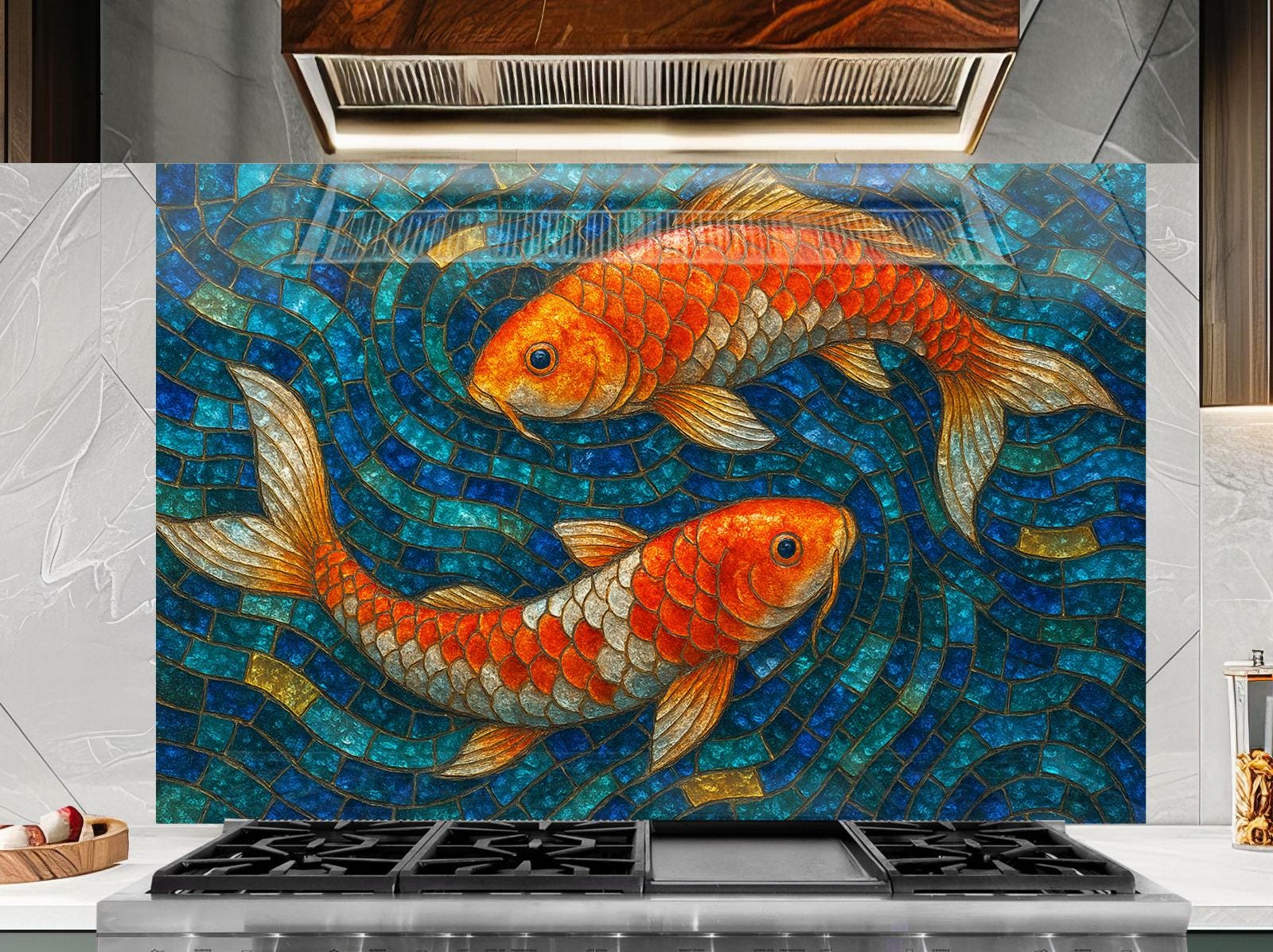 a painting of two gold fish swimming in a pool of water