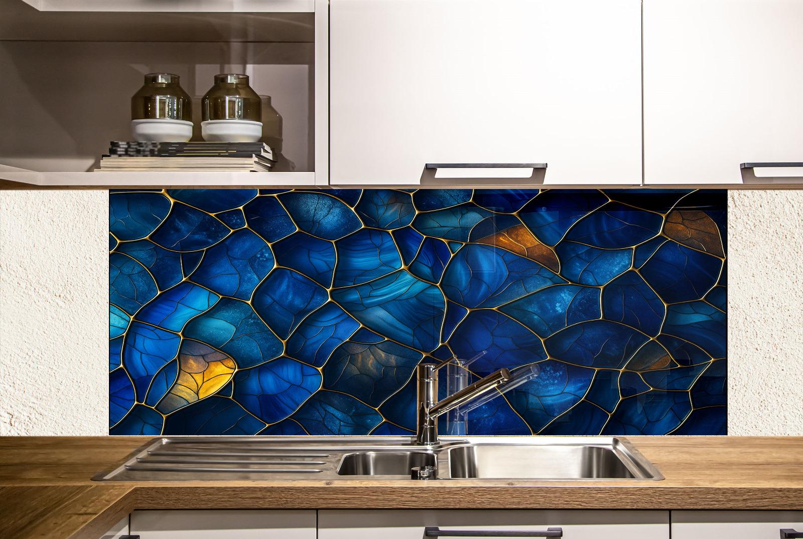 a kitchen with a sink and a mosaic tile backsplash