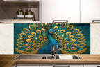 a painting of a peacock on a kitchen wall
