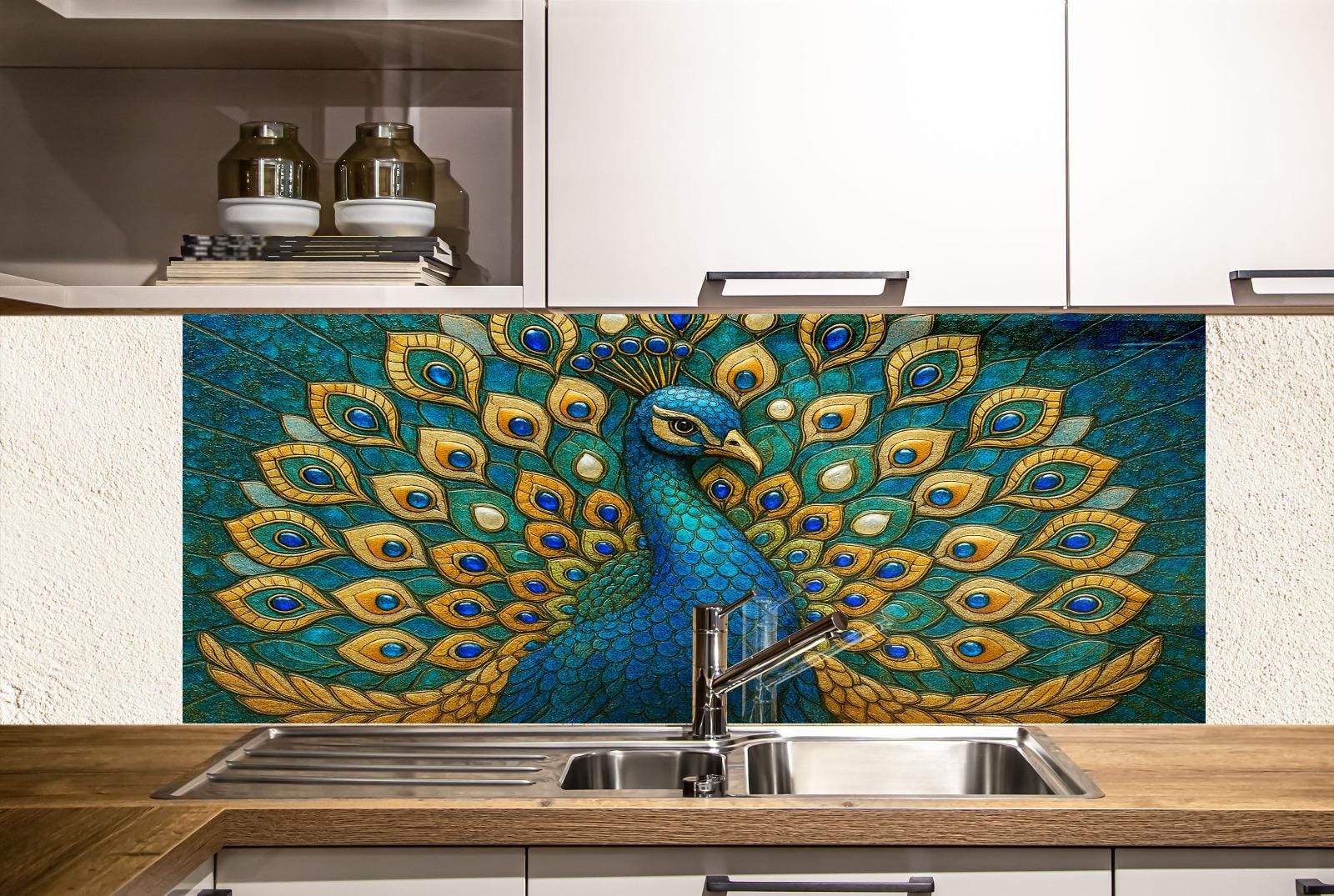 a painting of a peacock on a kitchen wall
