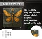 a special hanging set that includes a butterfly design and a glass piece. The butterfly is mounted on a wall without a hole in the glass, and it will stand 1 cm away from the wall.