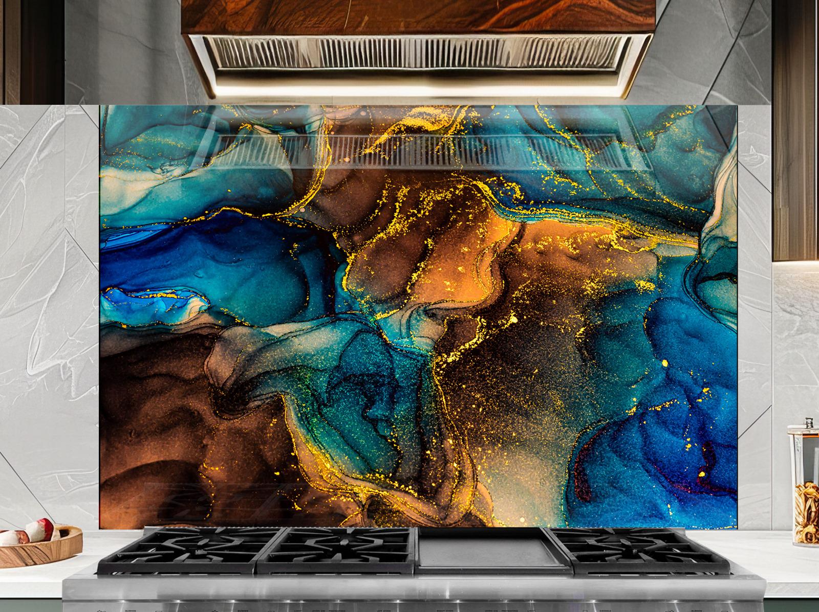 a large, colorful abstract painting or mural on a wall, with a metallic surface in the foreground.