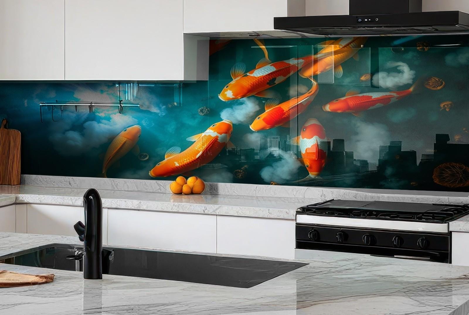a kitchen with a painting of gold fish on the wall