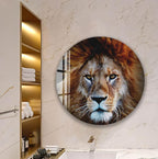 a large circular wall art depicting a close-up of a lion's face, with its distinctive features such as the mane and eyes clearly visible.