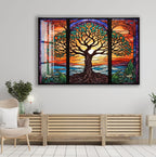 a large, colorful stained glass artwork depicting a tree with a vibrant, multicolored background. The artwork is mounted on a wall above a wooden console, which includes a bench and a chair. The overall scene has a warm and inviting atmosphere, with the stained glass tree as the focal point.