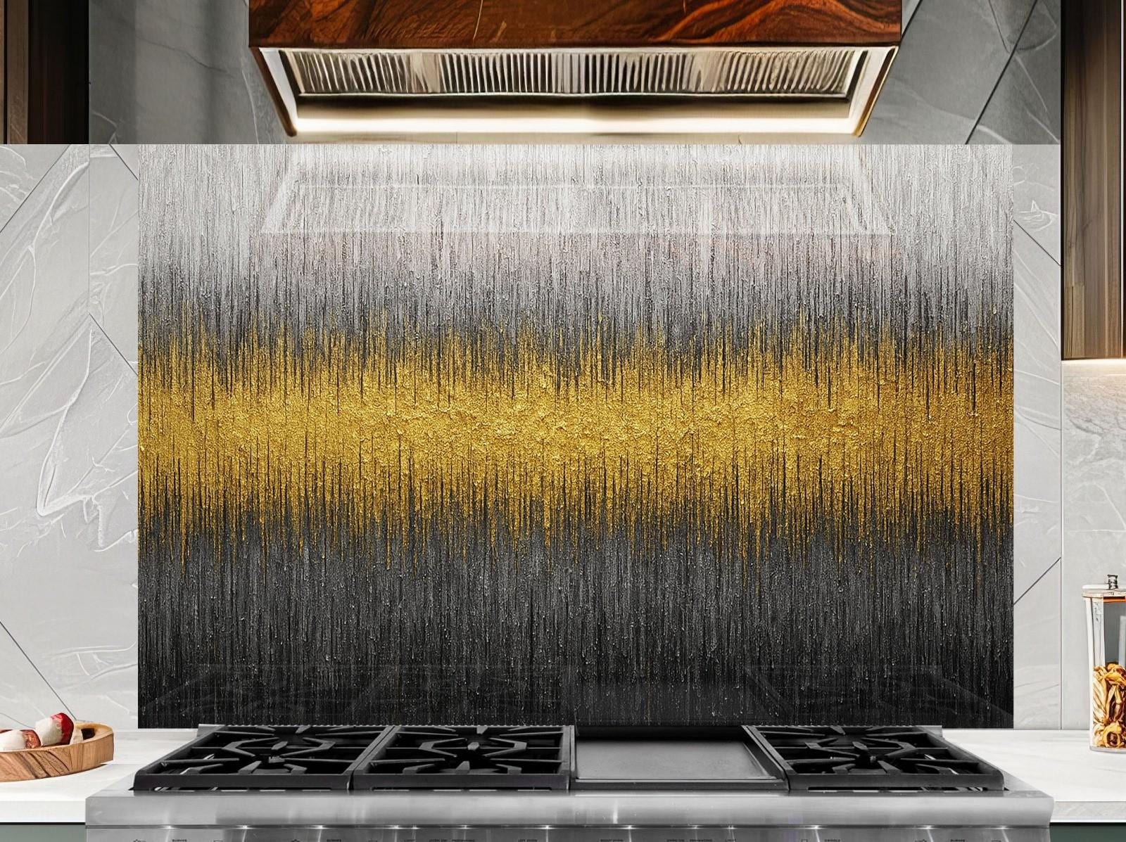 a stove top with a gold and black design on it