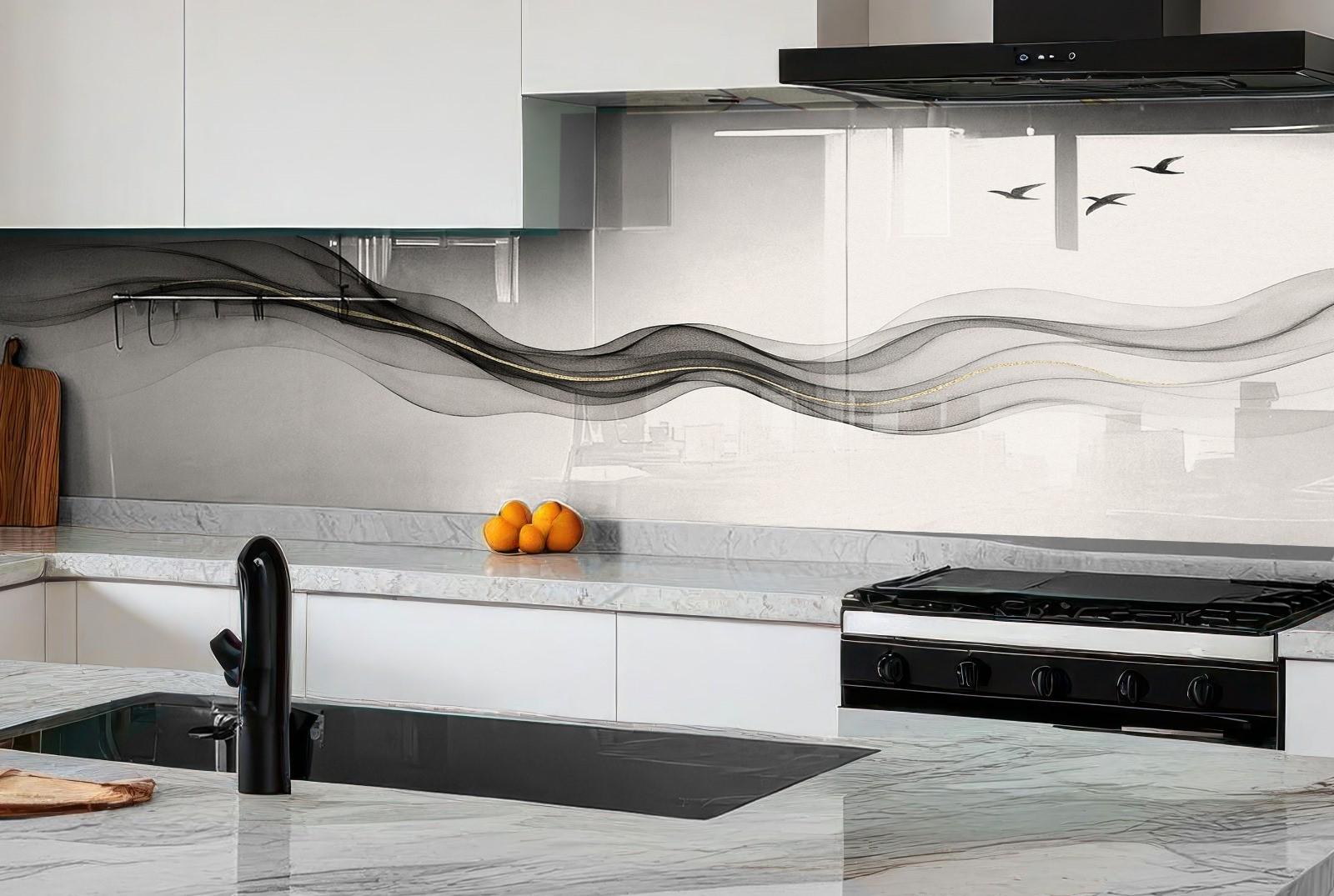 a kitchen with marble counter tops and white cabinets