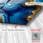 The image is a close-up of a Tempered Glass surface with a blue and gold swirl pattern. The glass appears to be mounted on a wooden surface, and there is a text overlay providing information about the glass&#39;s thickness and the fact that it is a &quot;Hanger is Mounted Behind the Glass&quot;.