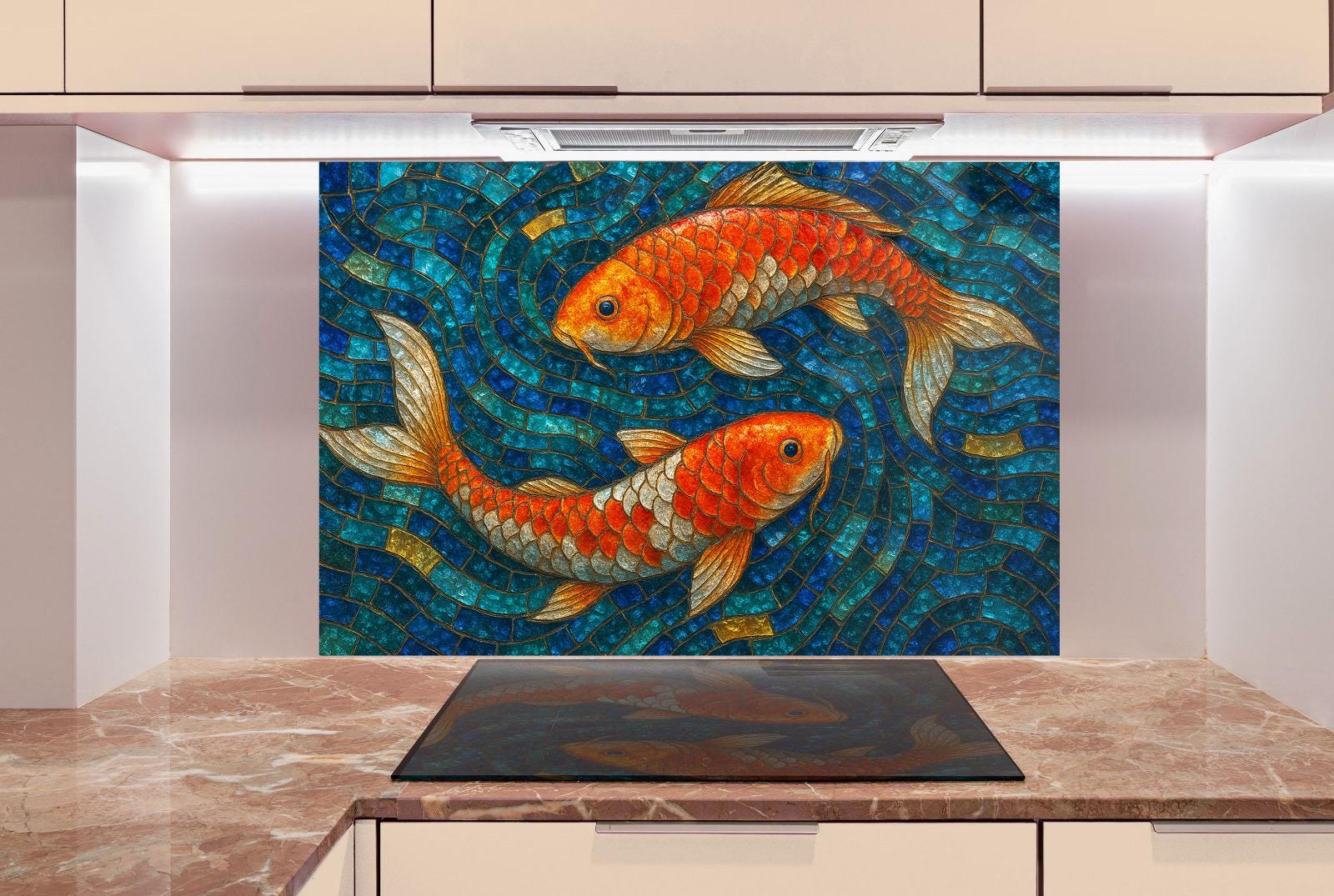 a painting of two gold fish swimming in a pond