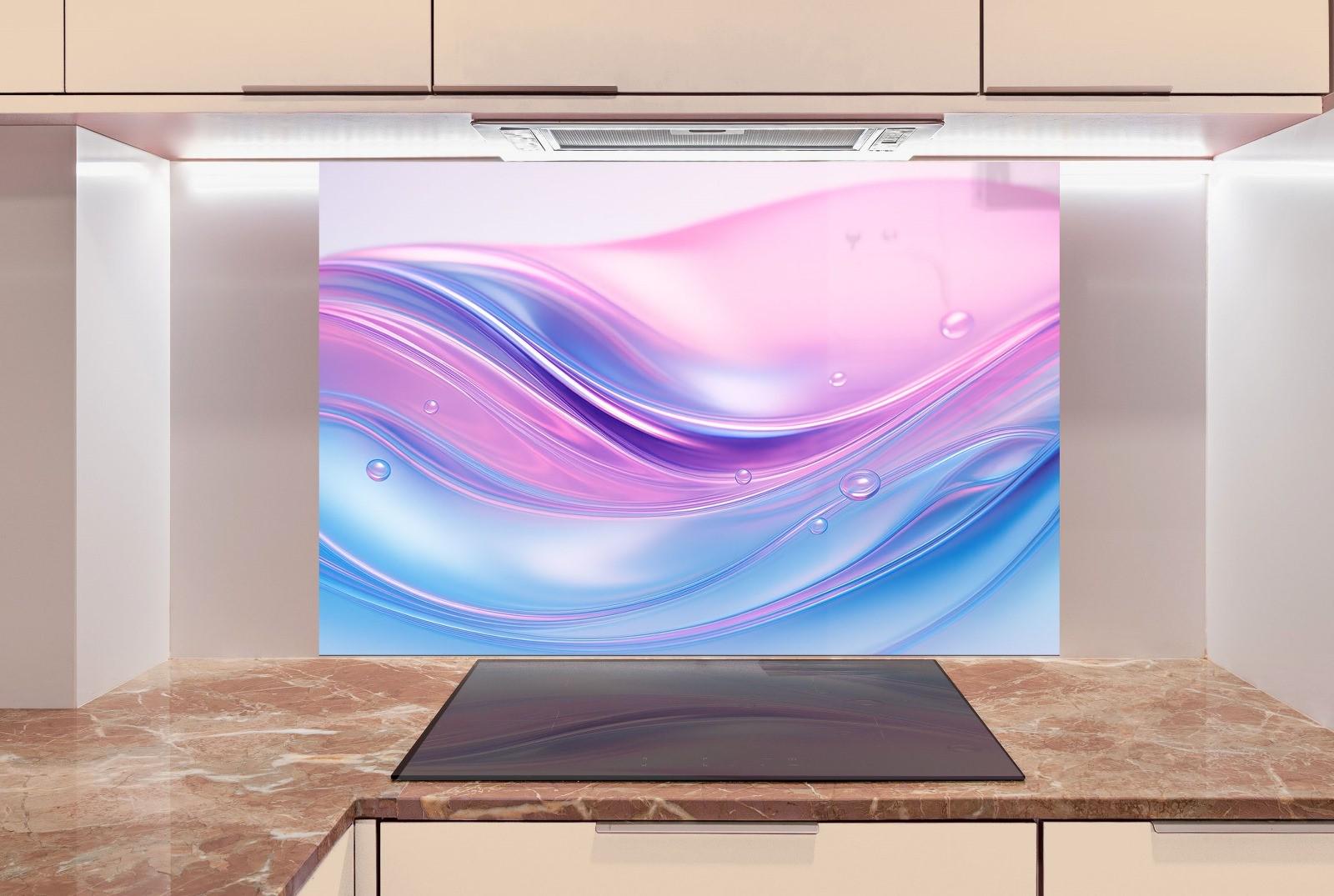 a kitchen with a marble counter top and a painting on the wall