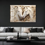 a large, ornate, and detailed painting of two white horses on a black wall above a white couch with black and beige throw pillows.