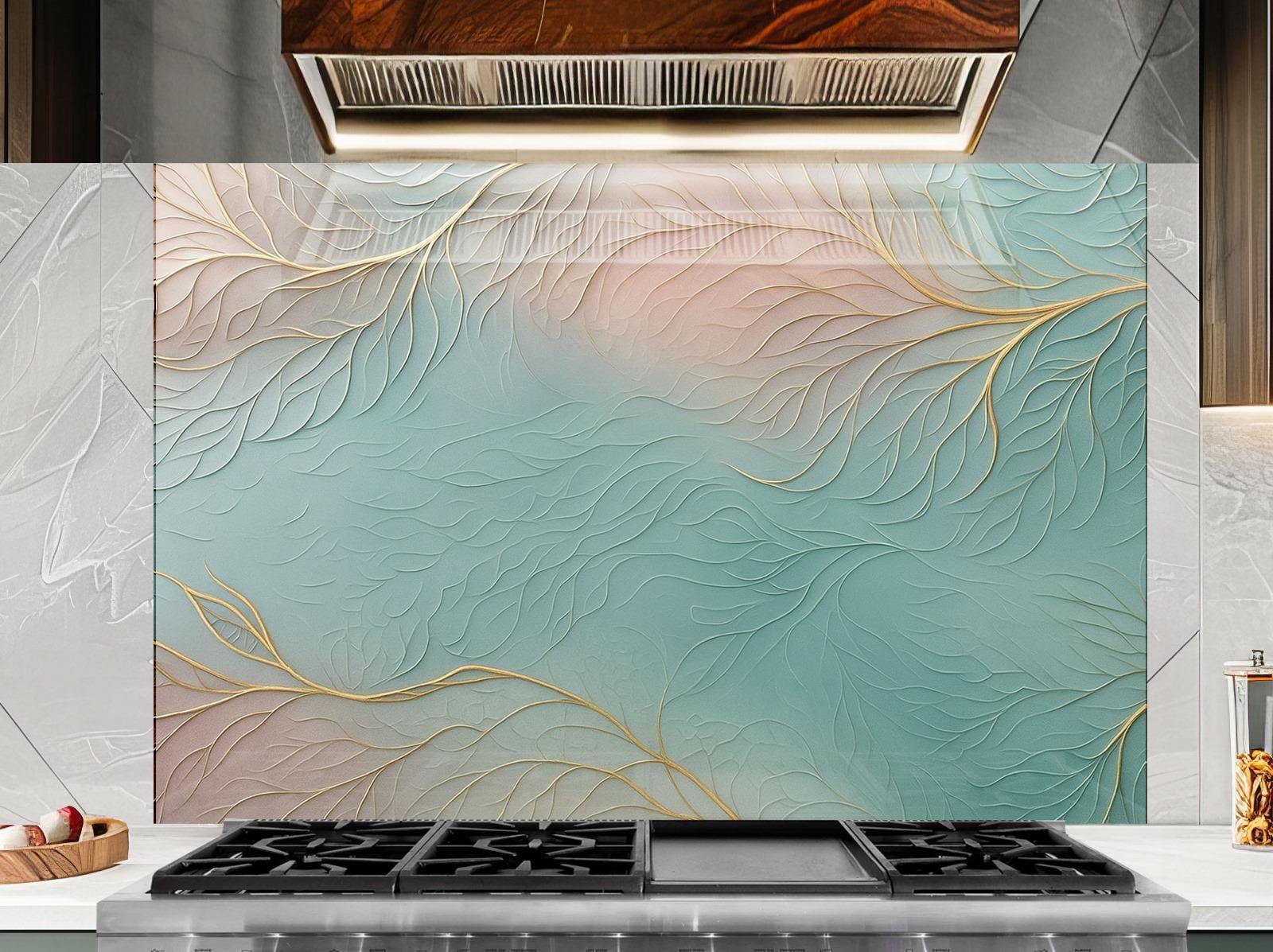 a kitchen with a stove top and a wall mural