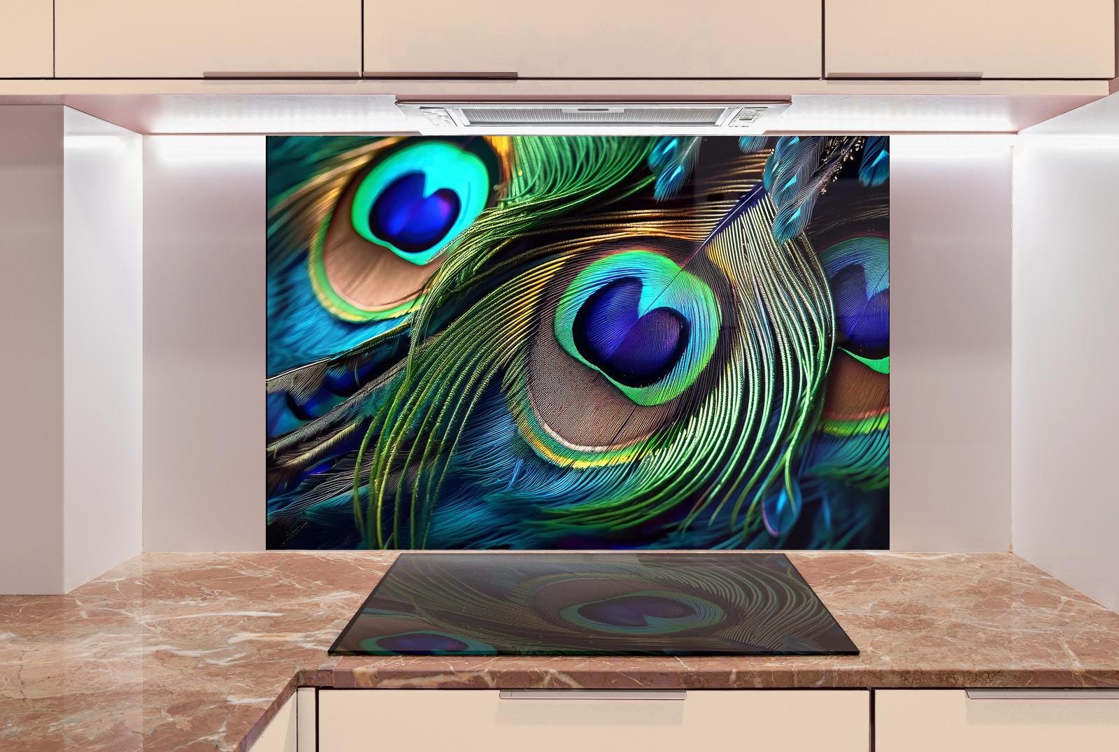 a large, colorful, and detailed close-up of peacock feathers, with the intricate patterns and vibrant colors of the feathers prominently displayed.