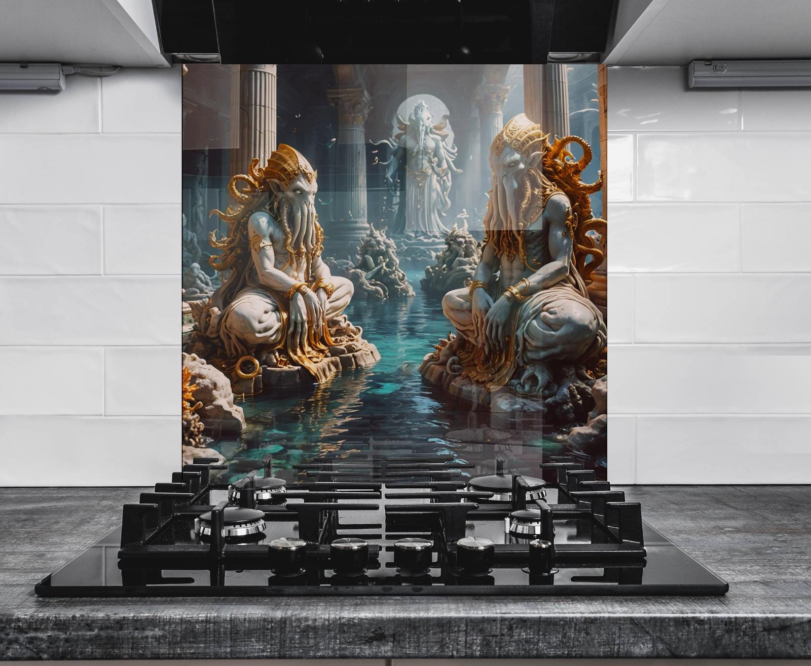 a large, ornate, and intricate artwork depicting two figures sitting on a rock formation with a body of water in the background. The artwork is displayed on a wall, and there is a gas stove in the foreground.