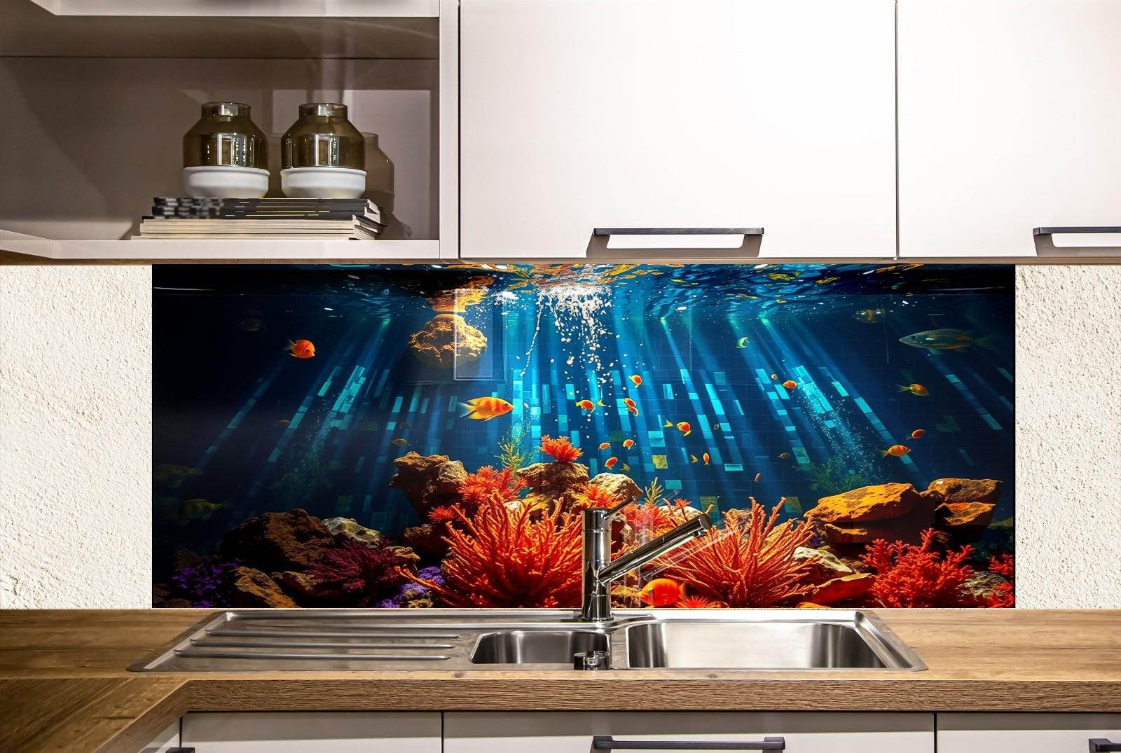 a kitchen with a sink and a wall mural