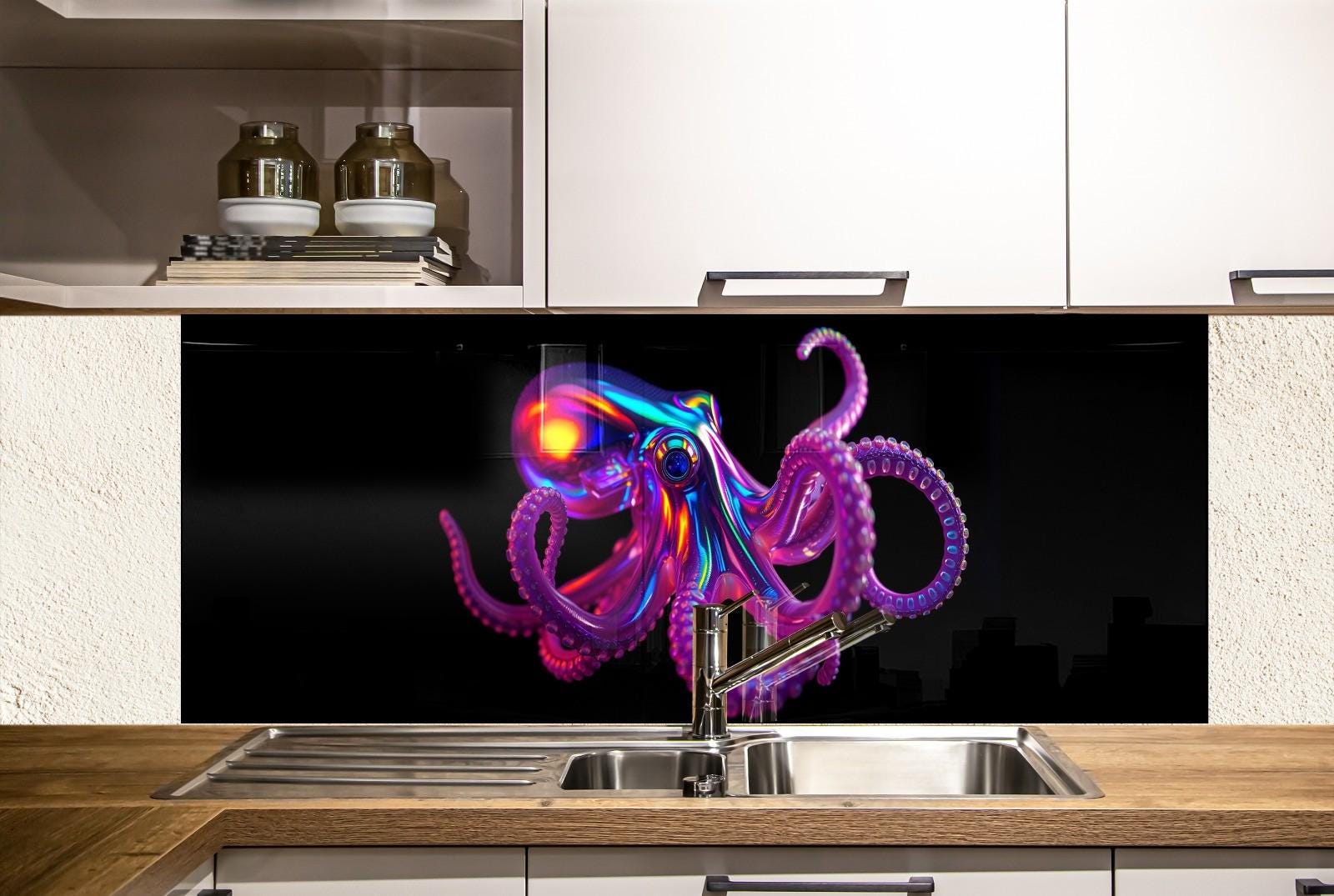 a kitchen with a sink and a purple octopus on the wall