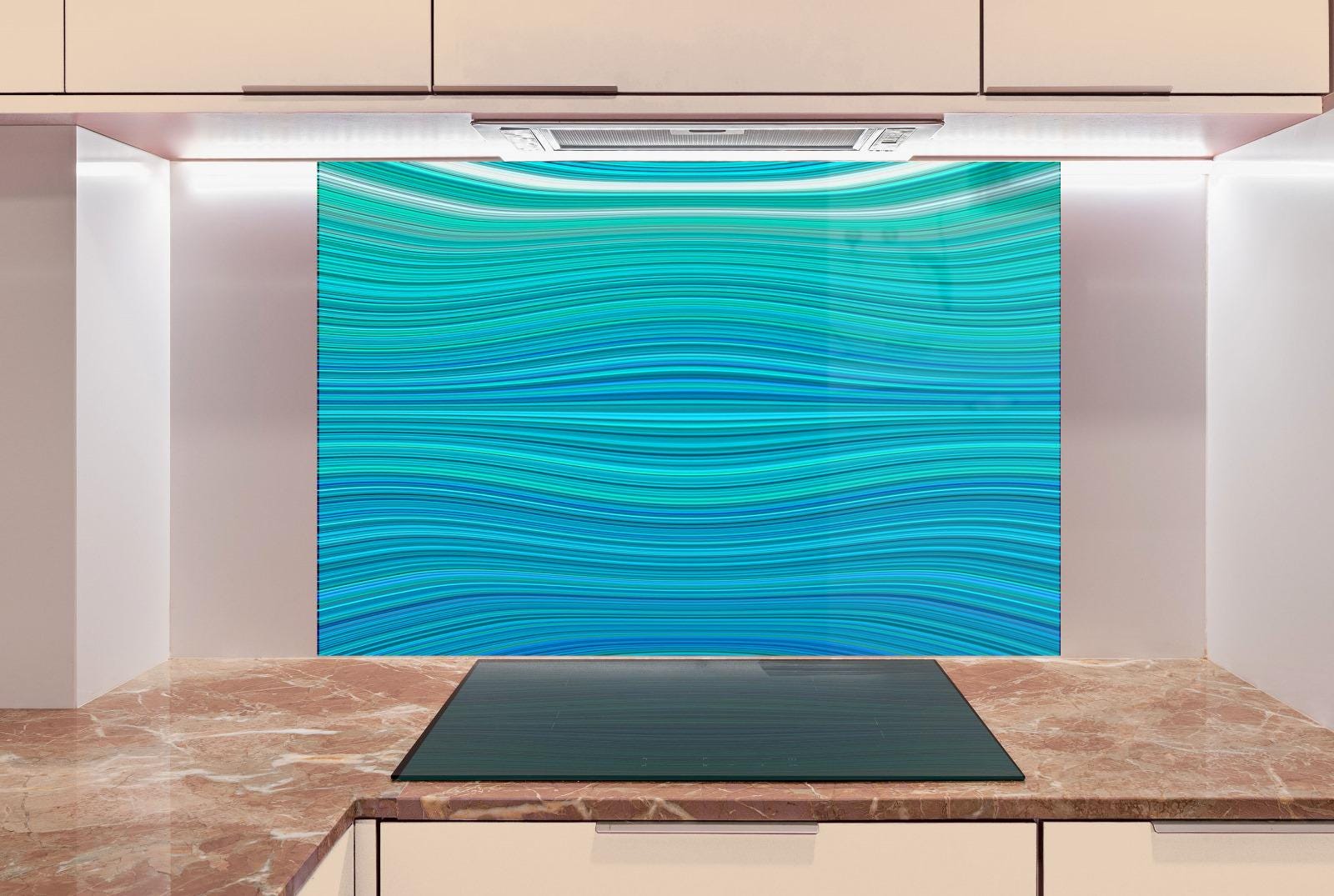 a kitchen counter with a marble top and a large, colorful abstract painting in the background.