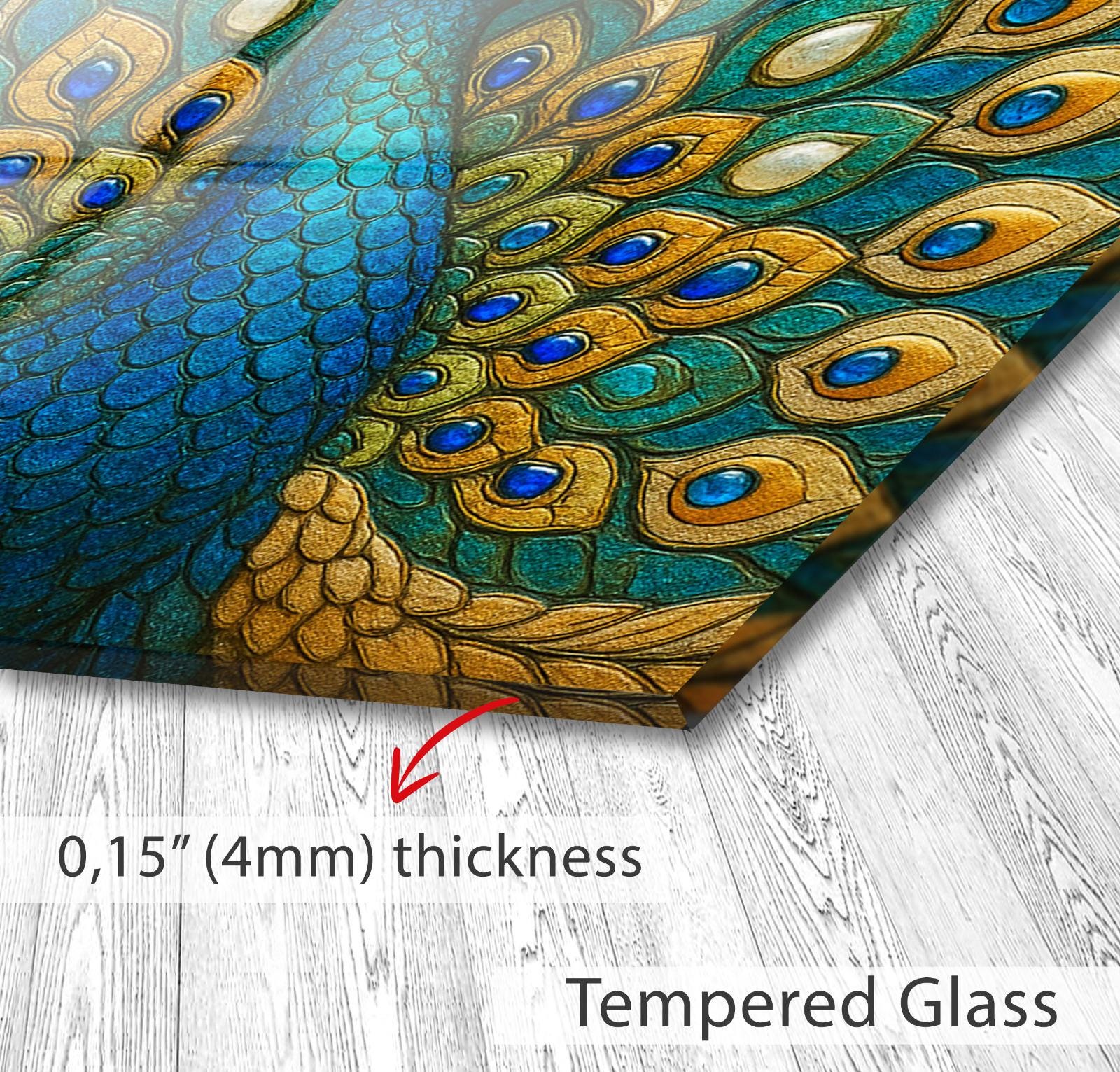 a close up of a peacock&#39;s feathers on a wood floor