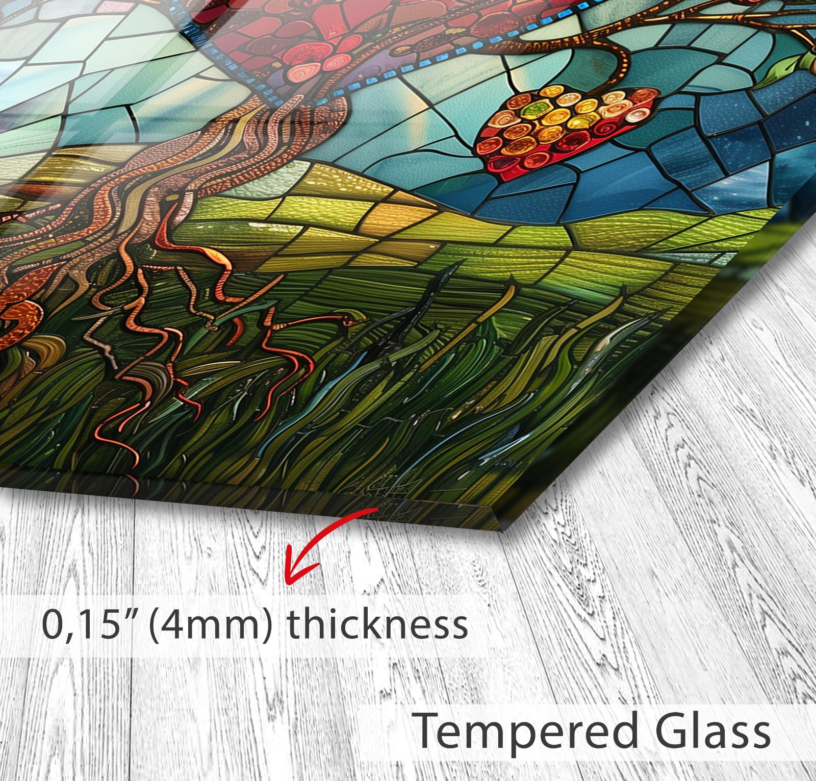 The image is a close-up of a glass surface with a colorful, abstract design, likely a stained glass artwork. The glass appears to be Tempered Glass, which is described as having a thickness of 4mm.
