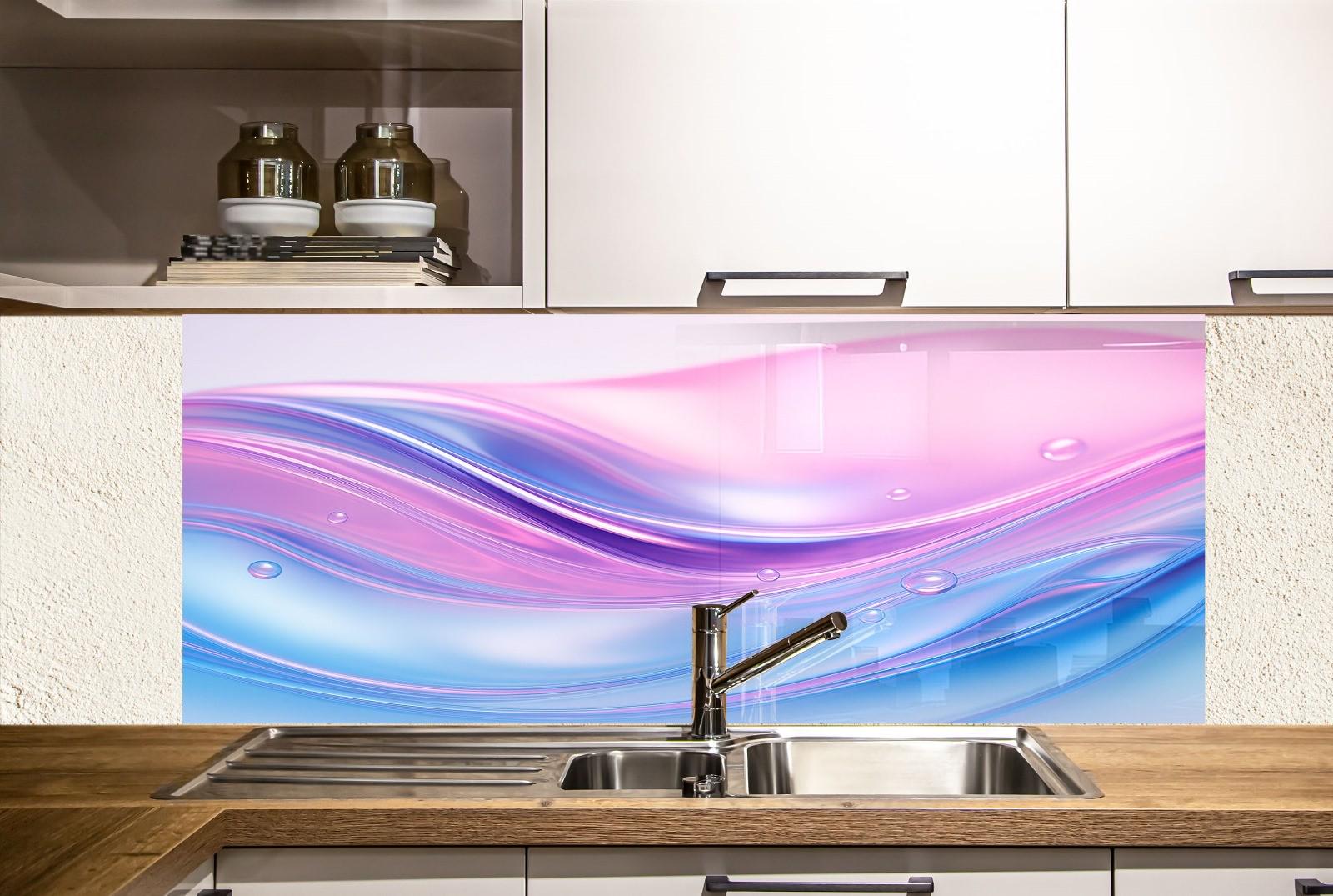 a kitchen with a sink and a painting on the wall