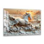 a white horse galloping through a stormy sea, with waves crashing around it. The horse is the central focus of the scene, surrounded by the turbulent waters and the dramatic sky.