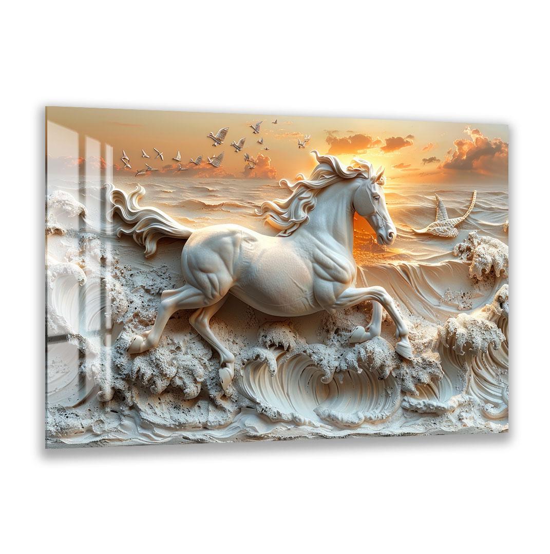 a white horse galloping through a stormy sea, with waves crashing around it. The horse is the central focus of the scene, surrounded by the turbulent waters and the dramatic sky.