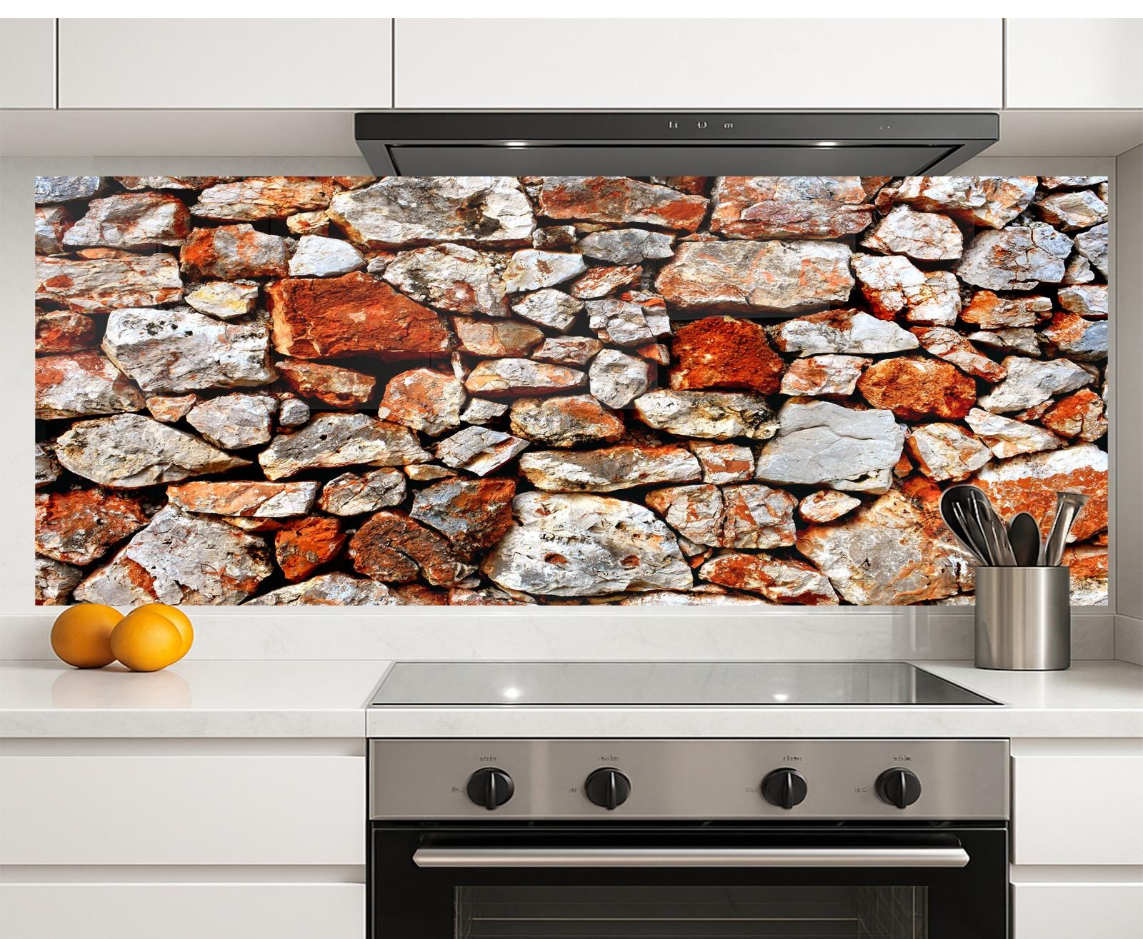Earthy red and gray stone glass wall decor.