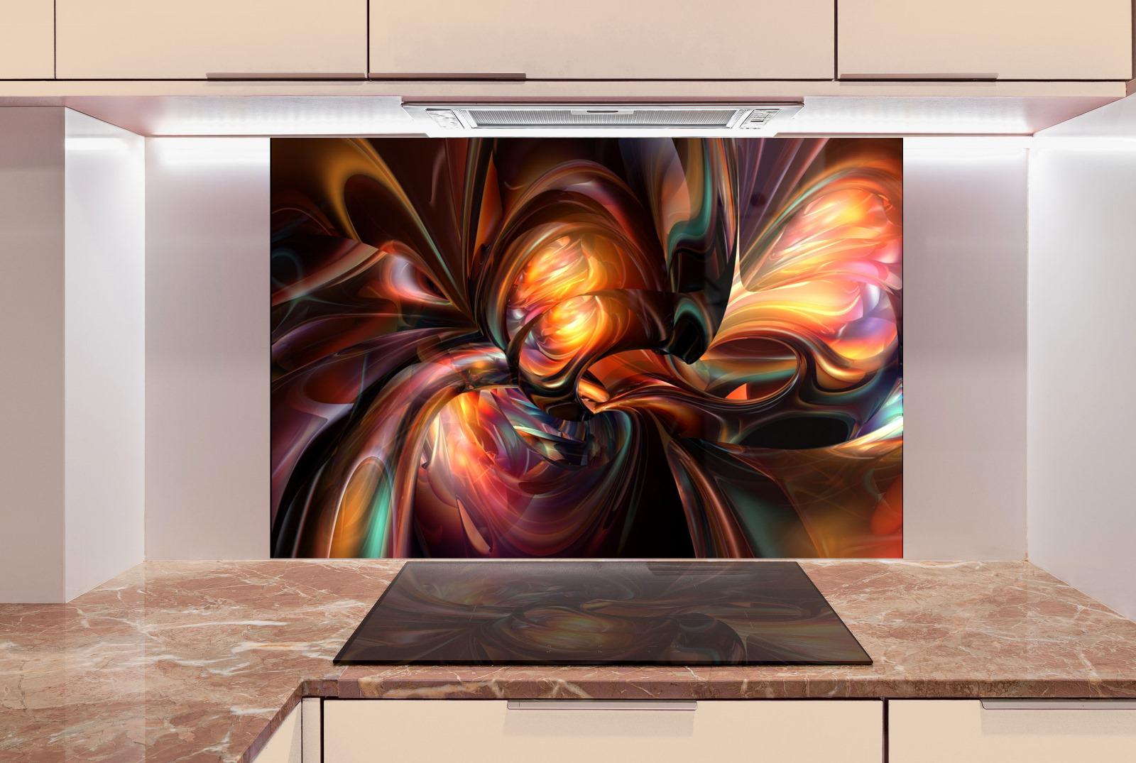 a large abstract painting with vibrant colors and swirling patterns, displayed on a wall above a kitchen counter.